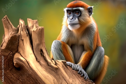 A cute patas monkey is seen up close as it relaxes on a tree stump. Generative AI photo