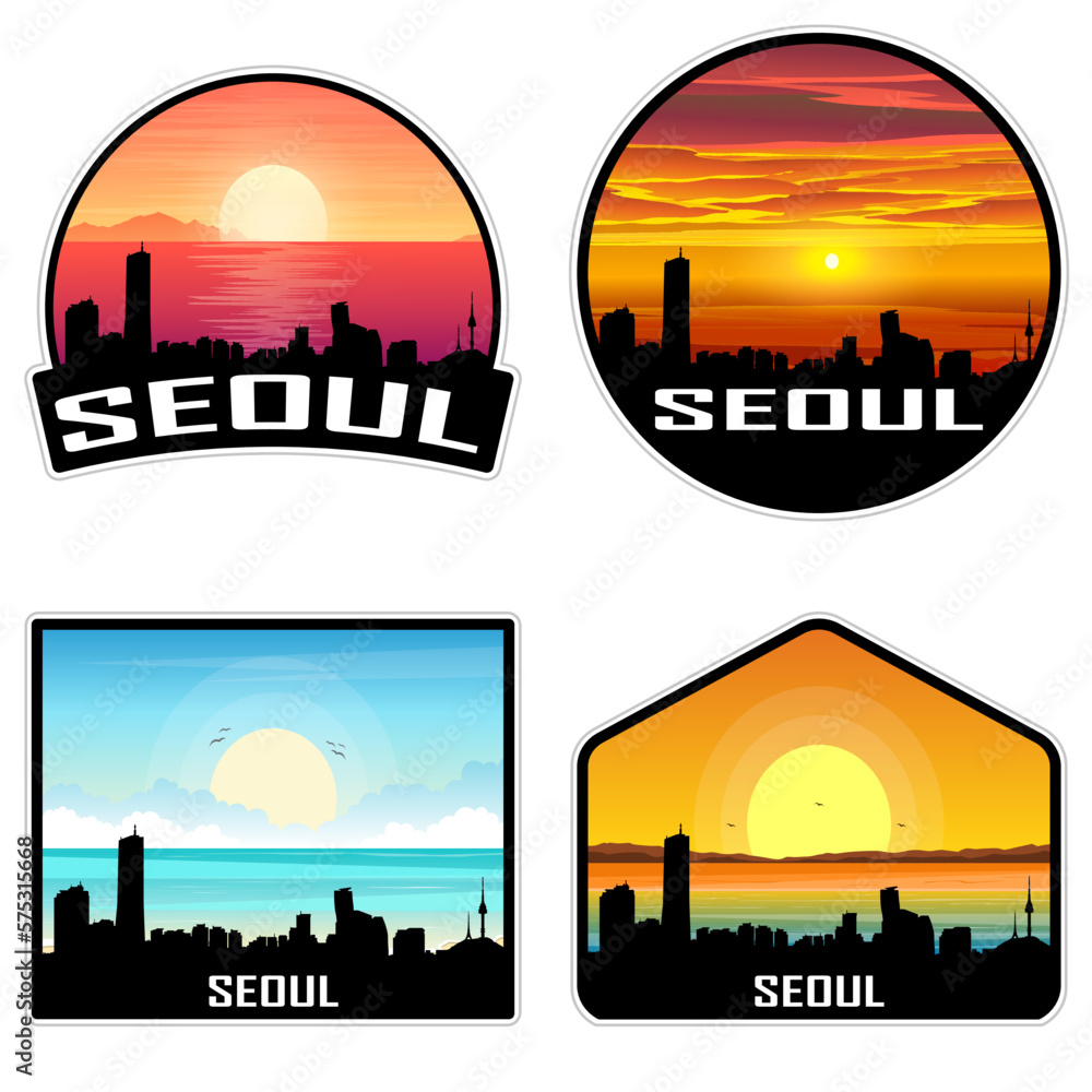 Seoul South Korea Skyline Silhouette Retro Vintage Sunset Seoul Lover Travel Souvenir Sticker Vector Illustration SVG EPS AI