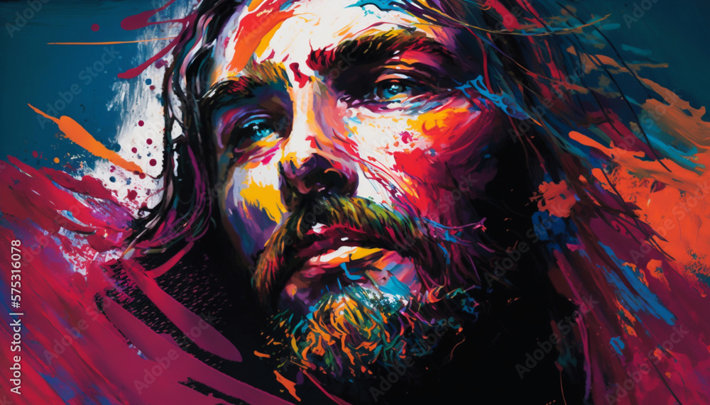 Abstract colorful portrait illustration of Jesus Christ. Corpus Christi, Easter, Religious concept.