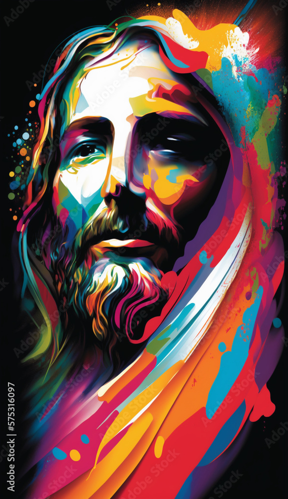 Abstract colorful portrait illustration of Jesus Christ. Corpus Christi, Easter, Religious concept.