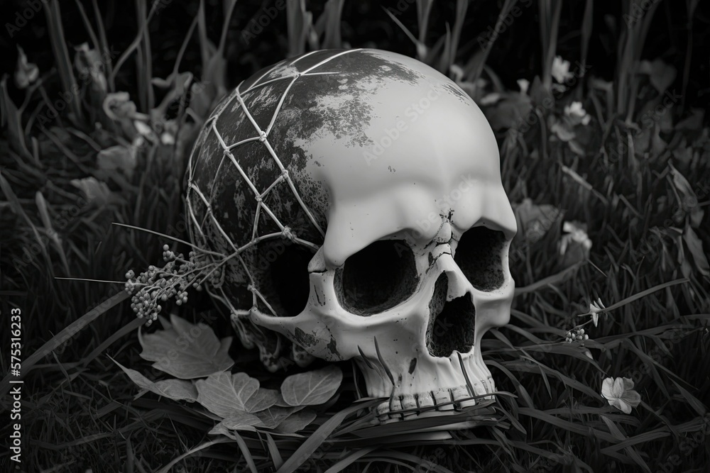 Autumn leaves have fallen on top of a human skull that was lying in the grass. Skull prop up close and personal against greenery. A fake human skull, symbolizing Halloween's occult associations with d Autumn leaves have fallen on top of a human skull that was lying in the grass. Skull prop up close and personal against greenery. A fake human skull, symbolizing Halloween's occult associations with d