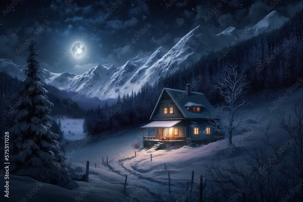 Cozy winter landscape at night with house, forest, and mountain, Generative Ai