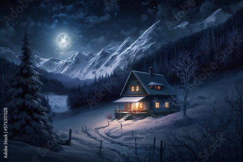 Cozy winter landscape at night with house, forest, and mountain, Generative Ai © Ash