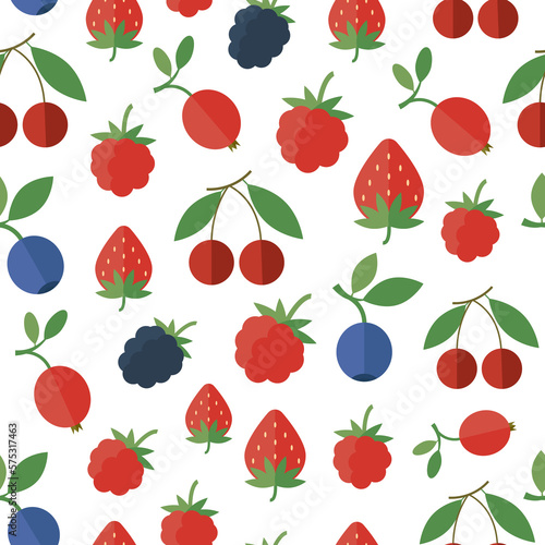 Seamless pattern with garden and wild berries and green leaves in flat style
