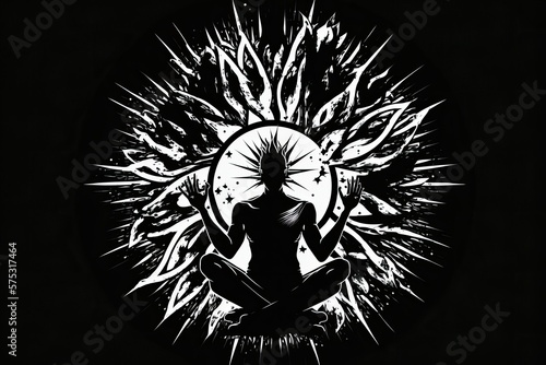 Astrological yoga. Logo for the practice of meditation. A human striking a lotus position. Totem of enlightenment, spirituality, inner and outer peace, and religious piety. Imaginative black and white © 2rogan