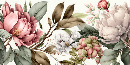 Fototapeta Naklejka Na Ścianę i Meble -  Delicate floral watercolor pattern for textiles and backgrounds, watercolor peonies flowers and green leaves, soft colors, boho style on a light background, floristic vintage, Asian. Generative AI