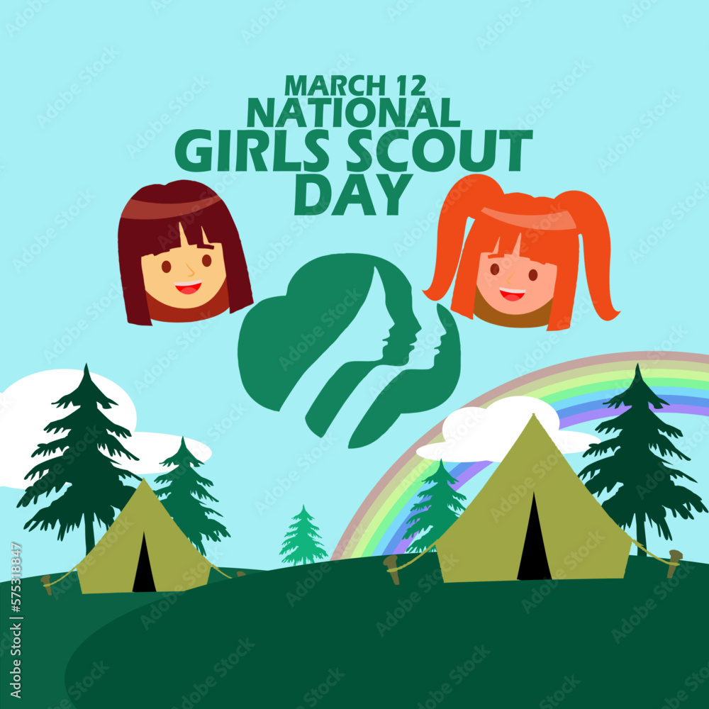 Two girls faces with symbols, hills, trees, camps, clouds, rainbow and bold text to commemorate