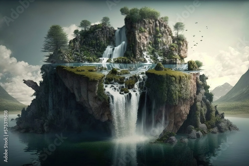 floating island in the air with waterfall. Generative Ai
