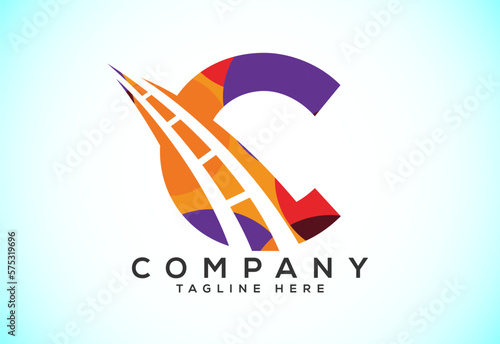 Letter C with road logo sing. Polygonal style logo for highway maintenance and construction.