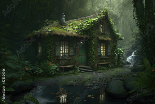 cottage hidden deep inside forest. Generative Ai