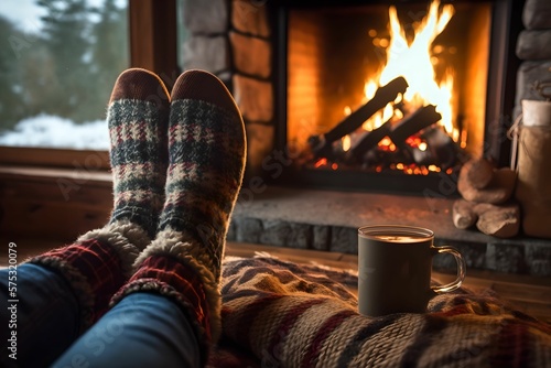 Cozy Feet in Winterwear Socks next to Fireplace with Hot Drink Beautiful and Relaxing Scenery, Generative AI