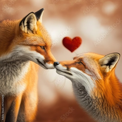 Two foxes kissing with a heart between them. Valentine's Day version. Created using generative AI and image-editing software.