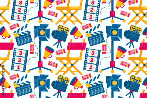 Movie time. Director's chair, megaphone, lighting, clapper board and camera pattern