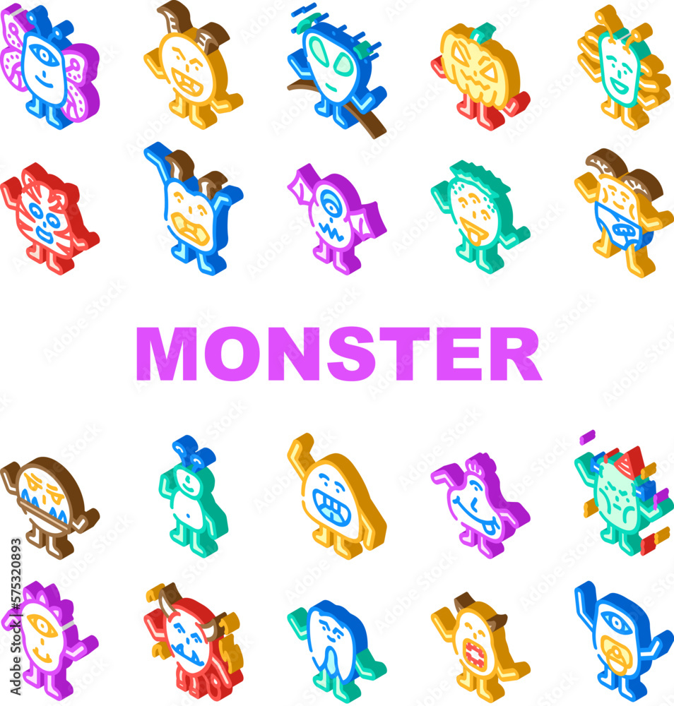 monster cute character icons set vector