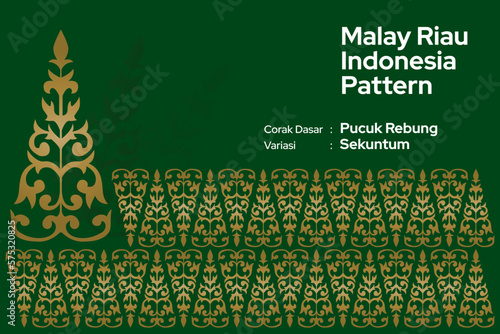 Pattern Malay Riau Batik Songket Tenun, Weaving Corak Motif Pucuk Rebung Sekuntum. Melayu patterns, Traditional Classic handwoven with gold threads vector
