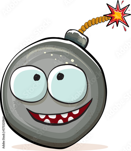 Cartoon burning bomb characters isolated on white background. Funky bomb character with eyes and mouth. Vector bobm clip art, emoji, label and sticker photo