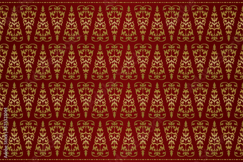 Malay Riau Batik Songket, Weaving Corak Motif Pucuk Rebung, Melayu patterns red silky background, Traditional Classic handwoven black with gold threads vector photo