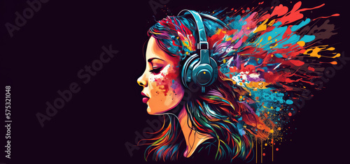 Illustration of woman with headphones listening to music with copy space. Generative AI