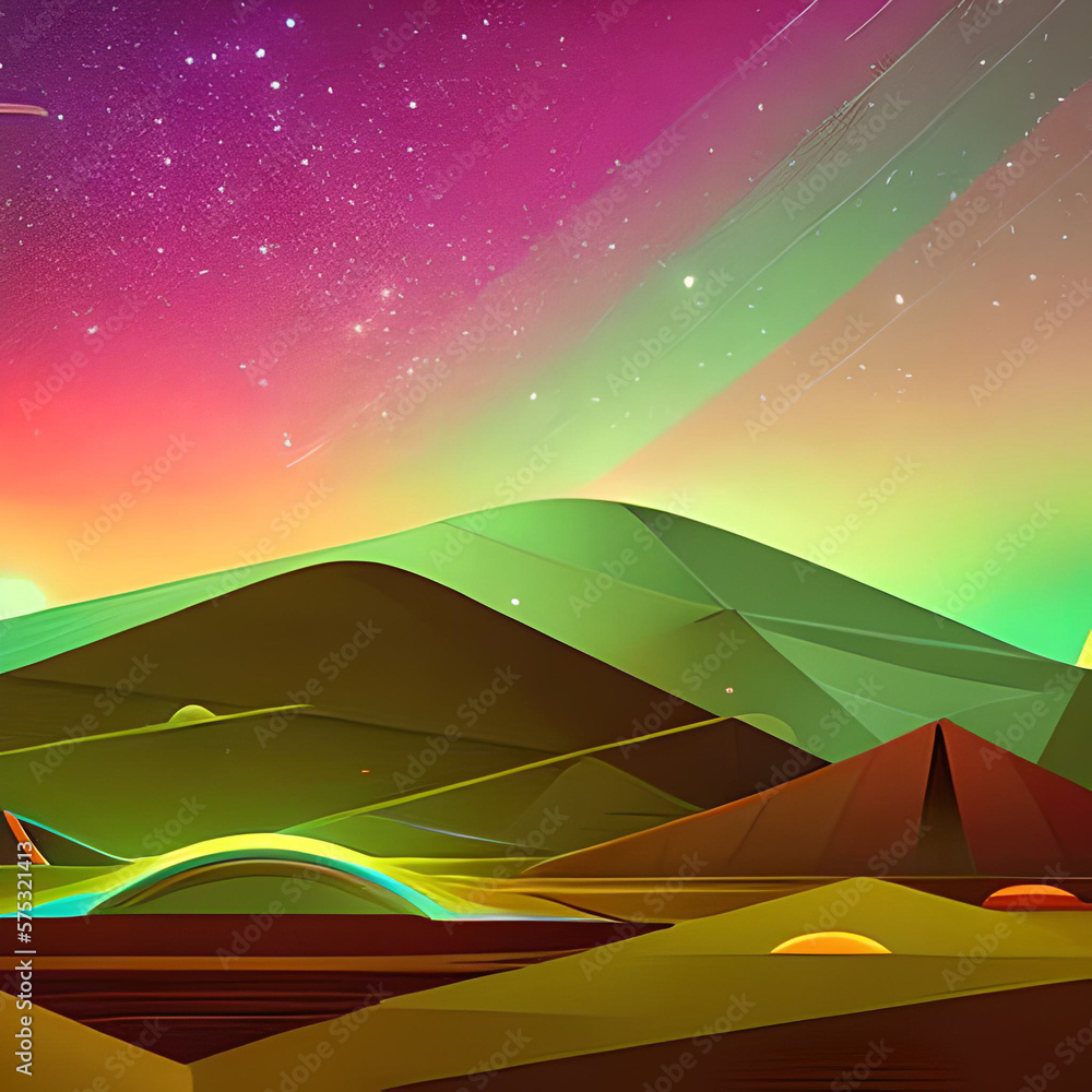 Obraz premium Tiny cute cartoon geometric Extraterrestrial landscape, scenery of alien planet in deep space. AI generated illustration