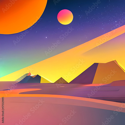 Tiny cute cartoon geometric Extraterrestrial landscape, scenery of alien planet in deep space. AI generated illustration