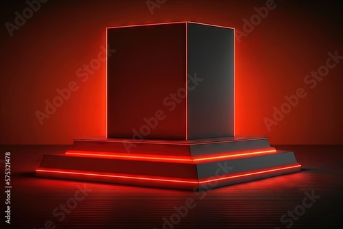 Red neon light product background stage or podium . AI generated art illustration.
