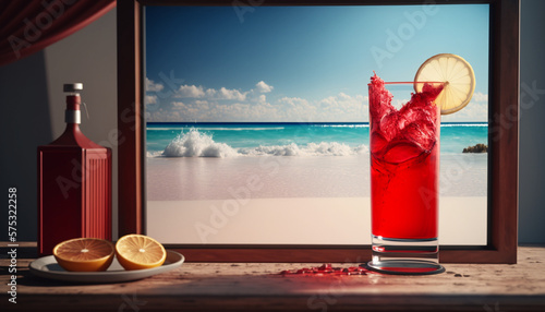 Glass of fresh red summer cocktail on wooden table on beach, sea background, Generated with AI 