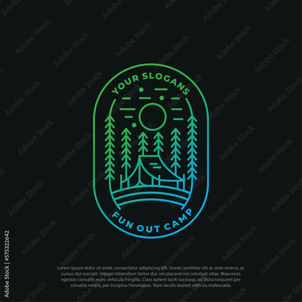 Adventure Badge Design for Campers with, Mountain Silhouette, Retro Wilderness Badge Logo for Outdoor Exploration, Vintage Camp Emblem with Forest and Tent Line Art, vector Adventure Badge Design for Campers with, Mountain Silhouette, Retro Wilderness Badge Logo for Outdoor Exploration, Vintage Camp Emblem with Forest and Tent Line Art, vector