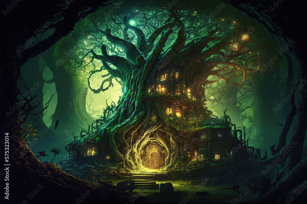 tree house in the forest fantasy.Generative Ai
