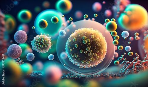 An abstract background with a macro shot of various microbes including virus cells and bacteria