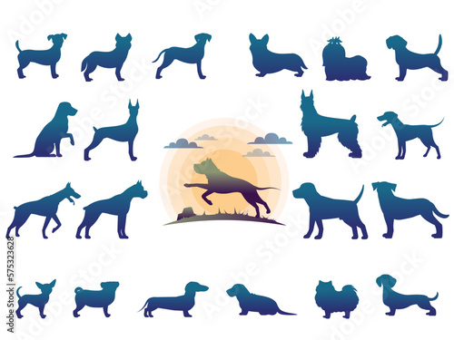 Dogs silhouettes set with logo of dog in sunset landscape.