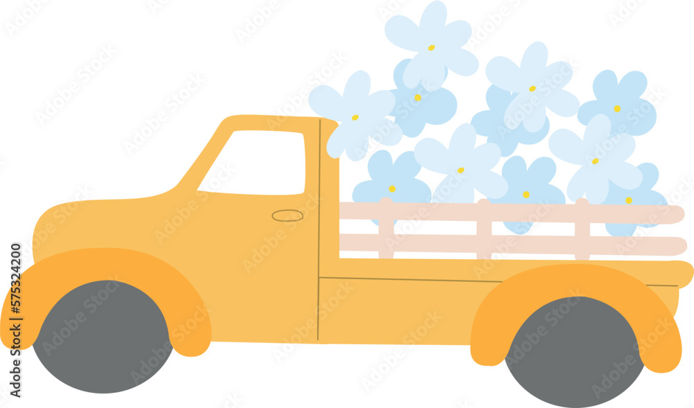 Naklejka premium Yellow truck with flowers. Spring holidays vector element.