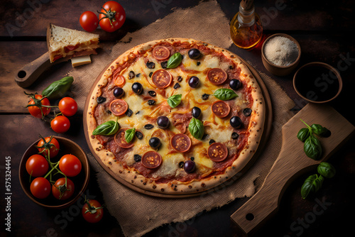 pizza with mushrooms and tomatoes, pizza with salami, tomatoes, olives and cheese on a dough with whole wheat flour, Generative AI