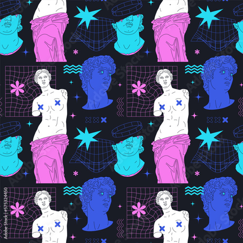 Greek statues with abstract modern forms. Seamless vector pattern with neon sculptures. Editable stroke