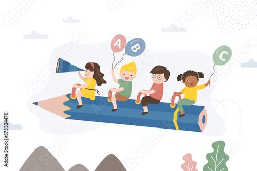 Group of funny kids flying on colorful pencil. Multiethnic schoolgirls and schoolboys riding pencil rocket on sky. Cartoon students, back to school, education concept.