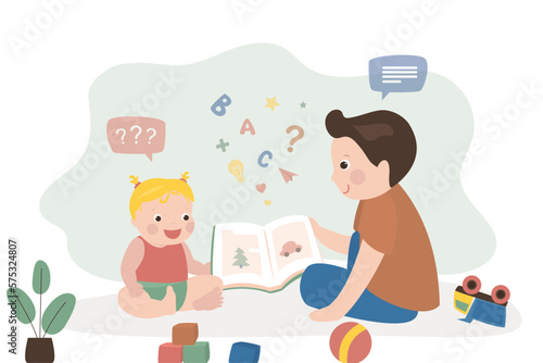Brother is reading book to his little sister. Infant girl looks at pictures in book. Childhood, newborn care. Help for parents, children games and learning.