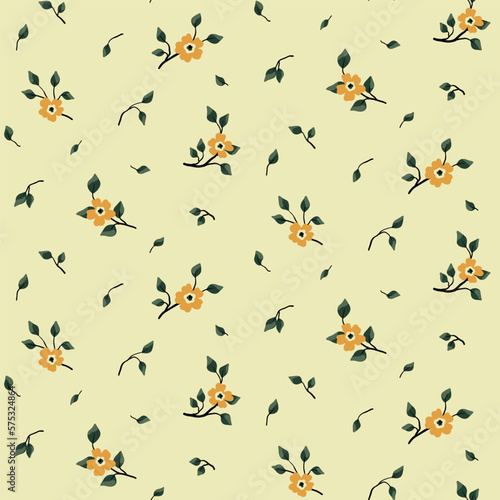 Seamless floral pattern, cute ditsy print with tiny yellow flowers with vintage motif. Pretty botanical design with small hand drawn flowers branches, leaves on a light background. Vector illustration