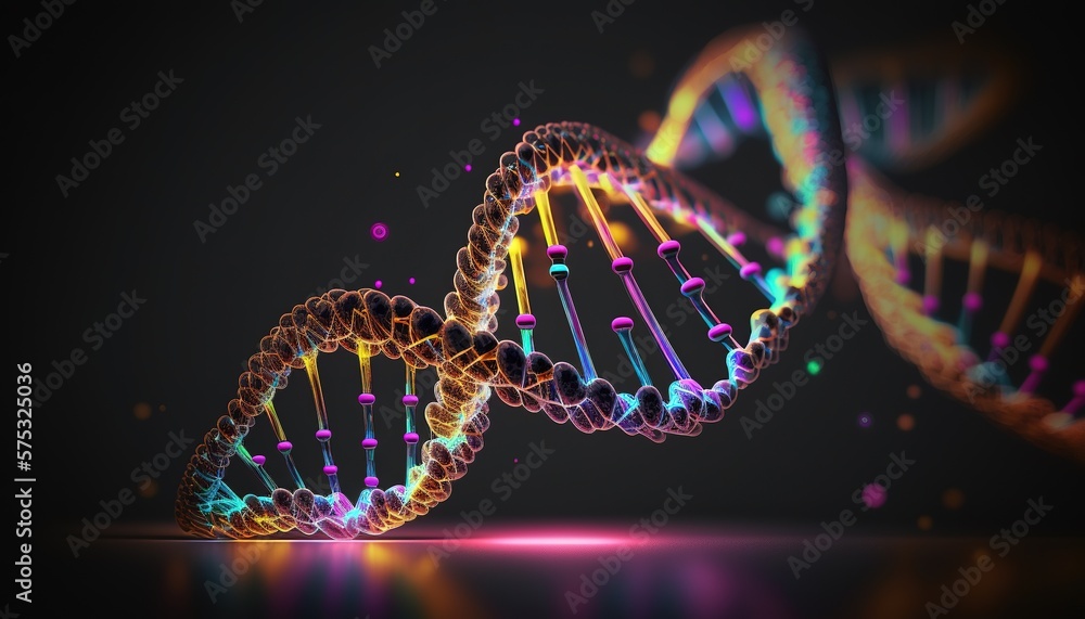 stylized illustration of DNA in a neon glow on a black background, generative AI