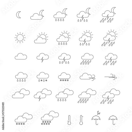 Weather. A set of icons of meteorological symbols. Vector for websites, applications and web design. An empty contour