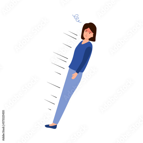 Woman fainting and losing conscious in flat design on white background.