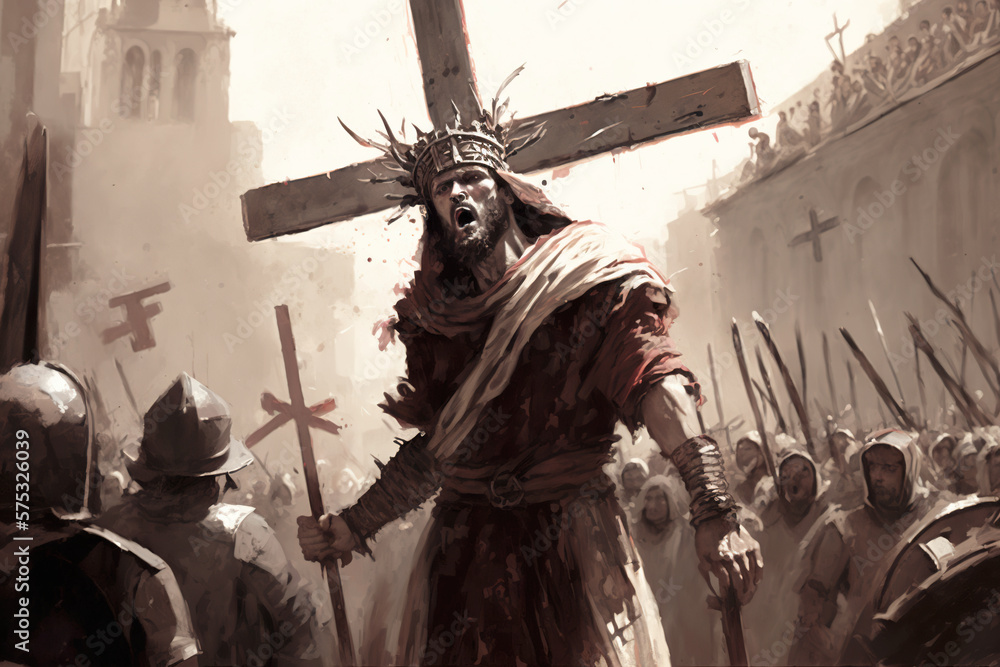 Jesus Christ with wooden cross and crown of thorns. Capturing the essence of Christian spirituality, faith, and devotion. Religious world, Christianity, Holy Savior's, Holy week. Generative AI. Jesus Christ with wooden cross and crown of thorns. Capturing the essence of Christian spirituality, faith, and devotion. Religious world, Christianity, Holy Savior's, Holy week. Generative AI.