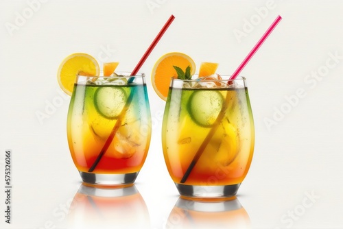 Two orange mango mojito cocktails (or non alcoholic alternatives) in glasses with straws sit alone on a summer terrace. Generative AI