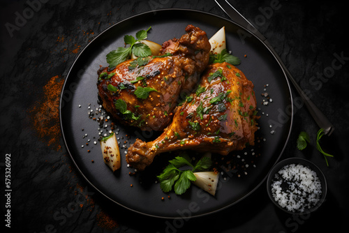 roasted chicken wings, grilled chicken with vegetables, roasted chicken on a plate, Grilled chicken legs in barbecue sauce with pepper seeds parsley, salt in a black stone plate on a black stone table