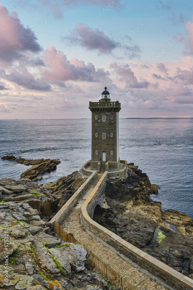 Colorful sunrise at the Lighthouse Kermorvan in Brittany, France