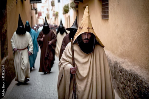 Easter processions of nazarenes group during holy week in Spain. Walking through streets during ceremony wearing mysterious hooded robes. Traditional religious event full of devotion. Generative AI.