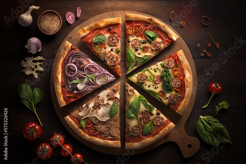 Mixed pizza with vegetables and meat on shaped wooden board