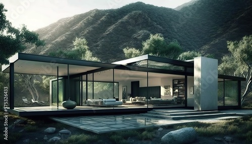 exterior of a modern house in a minimalist style against the backdrop of a beautiful landscape, generative AI