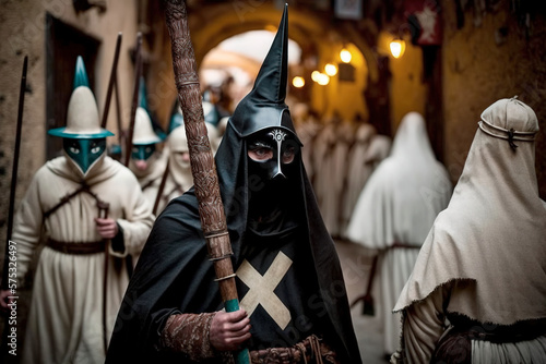 Easter processions of nazarenes group during holy week in Spain. Walking through streets during ceremony wearing mysterious hooded robes. Traditional religious event full of devotion. Generative AI.