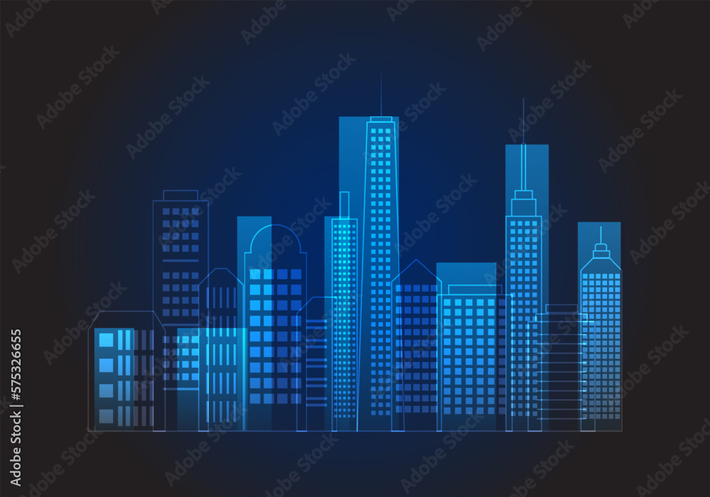 Vector illustration of a modern city skyline on a dark blue background.
