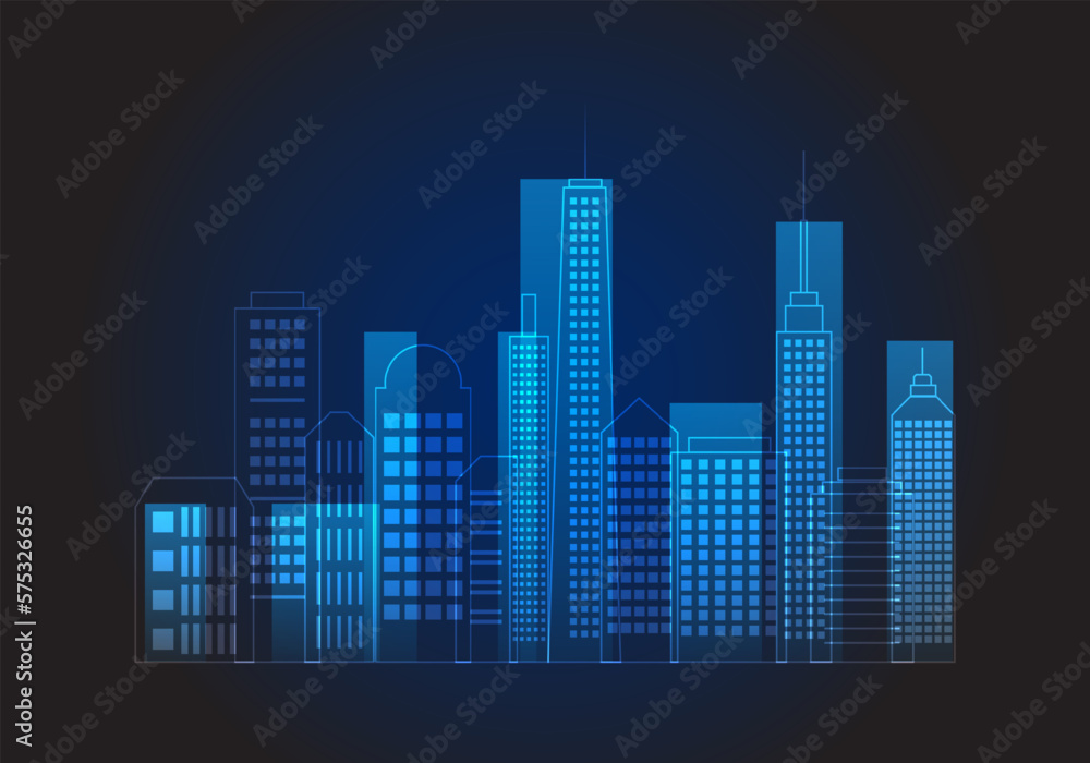 Vector illustration of a modern city skyline on a dark blue background. Vector illustration of a modern city skyline on a dark blue background.