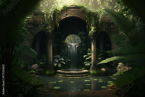 ancient water fountain architecture hidden in the forest. Generative Ai
